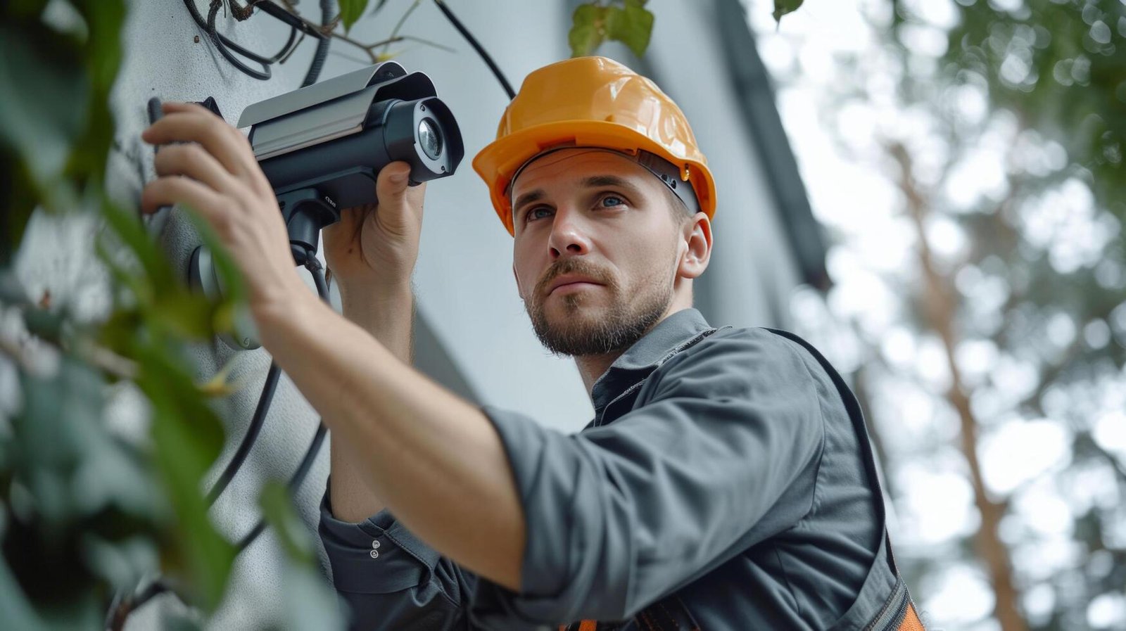 ai-generated-workers-in-overalls-repair-a-cctv-camera-on-a-modern-american-cottage-free-photo